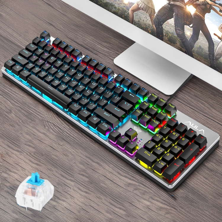 

AULA F2068 104-keys Square Key Cap Mixing Light Mechanical Blue Switch Metal Panel Wired USB Gaming Keyboard, Length: 1.6m