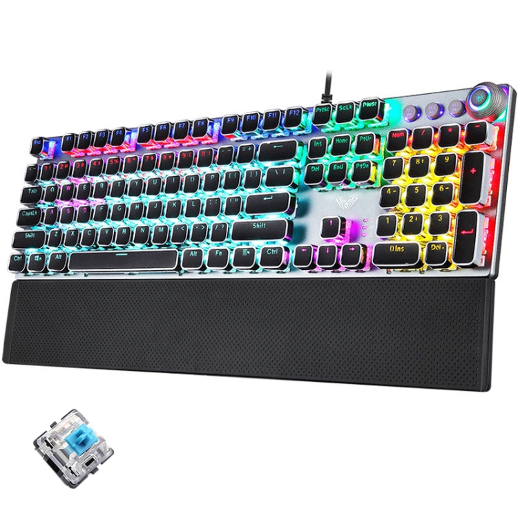 

AULA F2088 108 Keys Mixed Light Plating Punk Mechanical Blue Switch Wired USB Gaming Keyboard with Metal Button (Silver)