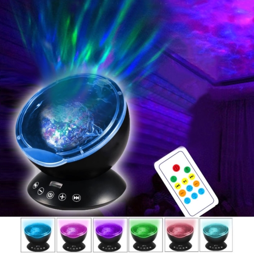 

Hypnosis Ocean Wave Projector LED Night Light , 12 LEDs USB Charge Novelty Atmosphere Lamp with Remote Control & 7 Light Modes, Support TF Card / Audio Input, Built-in 4 Hypnosis Music, DC 5V(Black)