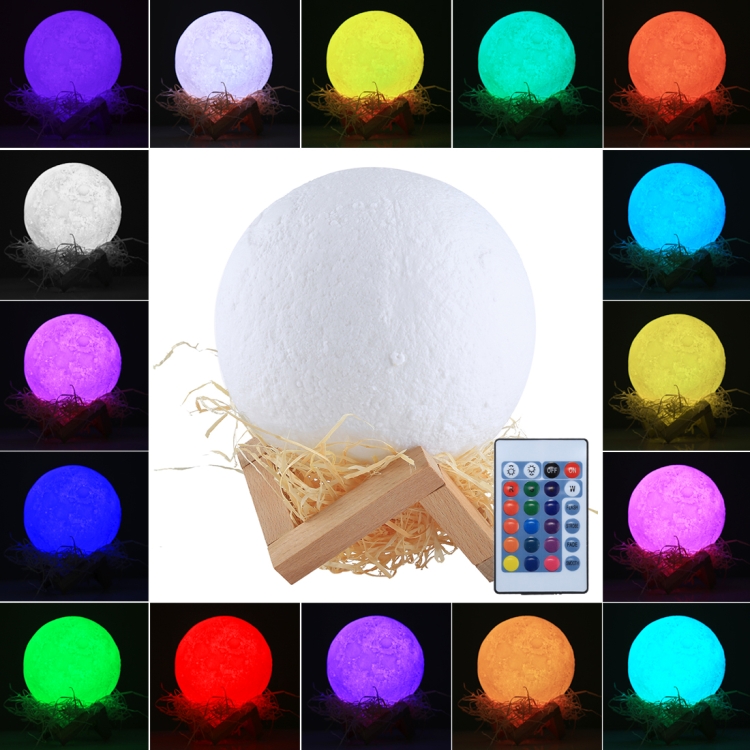 

15cm Touch Control 3D Print Moon Lamp, USB Charging 16-color Changing LED Energy-saving Night Light with Wooden Holder Base & Remote Control