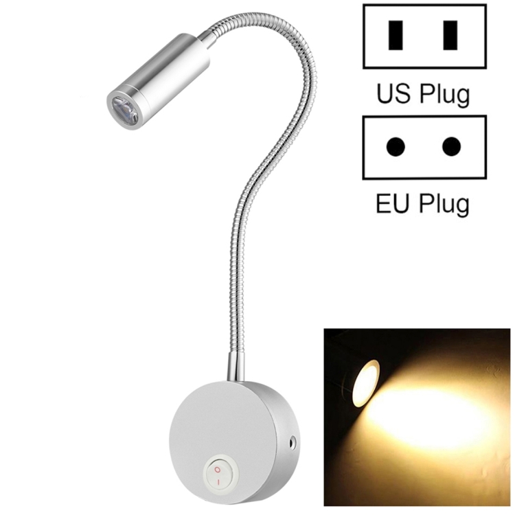 

3W Flexible Goose Neck Warm White LED Reading Lamp Light , 160 LM 3000-3200K Hose Spotlight Lamp Wall Mount Light Wall Sconce Lamp, Got the CE / FCC Certification, Goose Neck Length: 30cm, US/EU Plug, Default Delivery US Plug