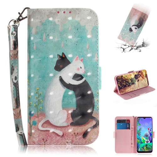 

3D Painting Black White Cat Pattern Coloured Drawing Horizontal Flip Leather Case for LG Q60, with Holder & Card Slots & Wallet