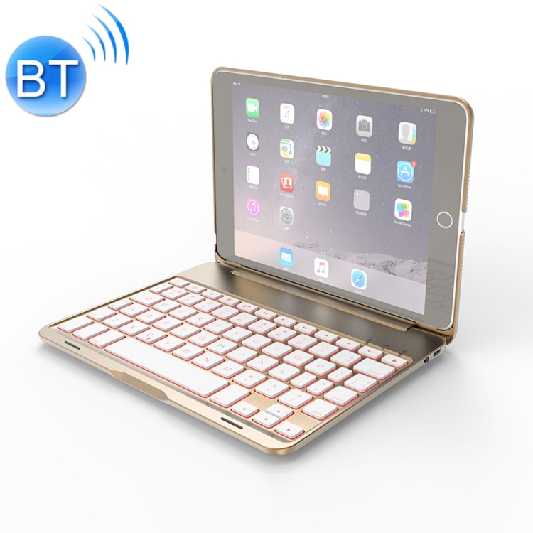 

F8SM For iPad mini 3 / 2 / 1 Laptop Version Colorful Backlit Aluminum Alloy Bluetooth Keyboard Protective Cover (Gold)
