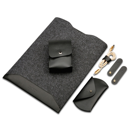 

4 in 1 Laptop Crazy Horse Texture Fur Felt Inner Bag + Power Bag + Mouse Storage Bag + 3 Earphone Cable Winders for MacBook 11.6 inch (Black)