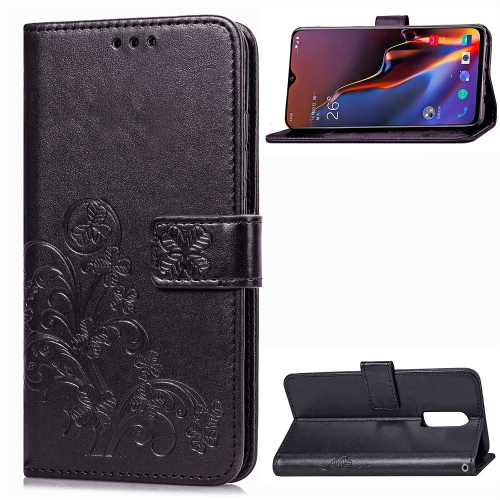 

Lucky Clover Pressed Flowers Pattern Leather Case for OnePlus 6T, with Holder & Card Slots & Wallet & Hand Strap (Black)