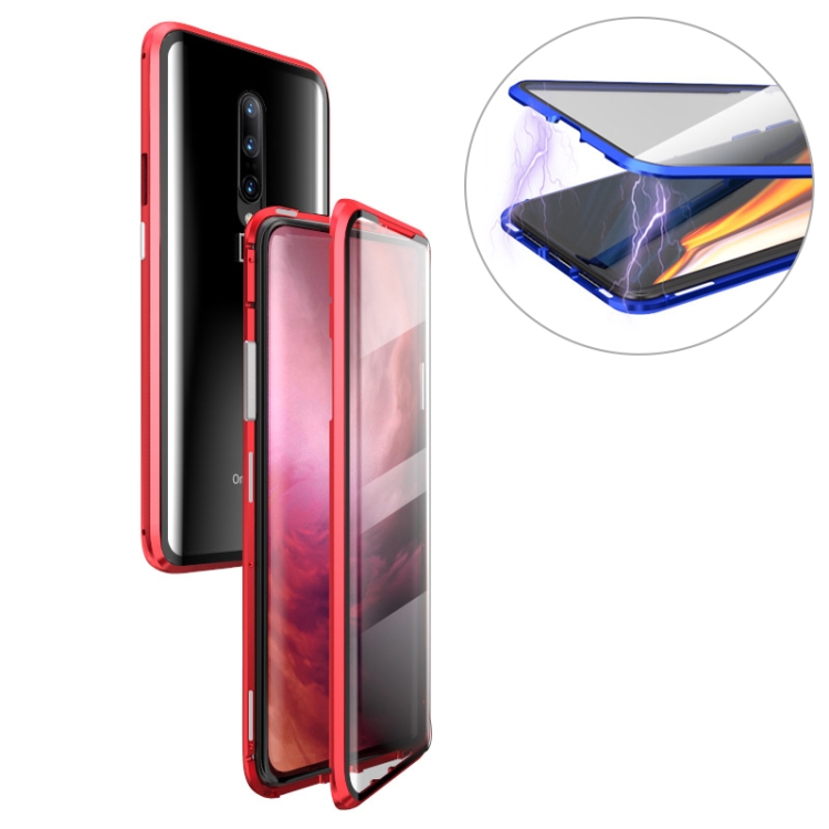 

Ultra Slim Double Sides Magnetic Adsorption Angular Frame Tempered Glass Magnet Flip Case for OnePlus 7 Pro (Red)