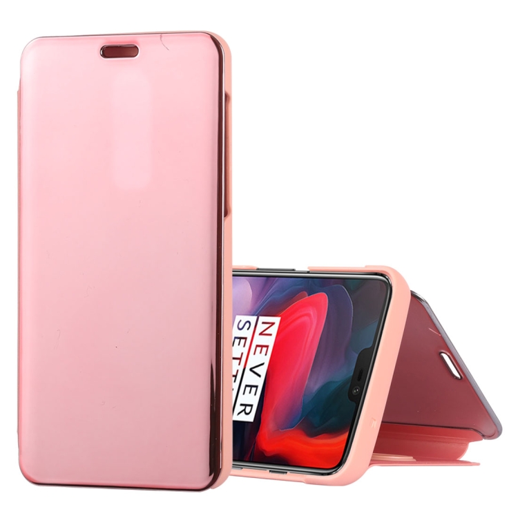 

Mirror Clear View Horizontal Flip PU Leather Case for OnePlus 6, with Holder (Rose Gold)