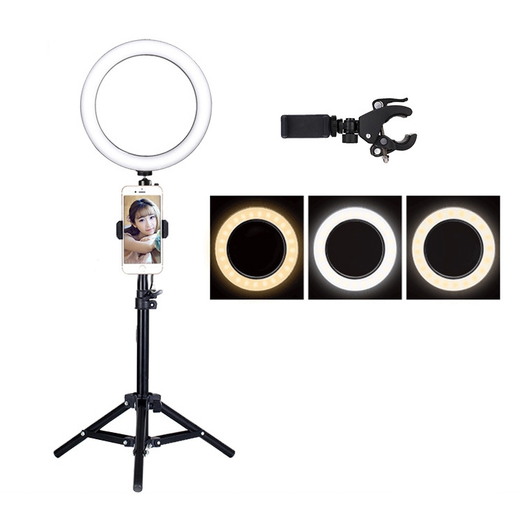 

Live Broadcast Self-timer Dimming Ring LED Beauty Selfie Light with Table Tripod & Phone Clip, Tripod Height: 50cm Max, Selfie Light Diameter: 26cm