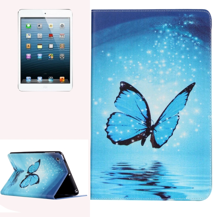 

For iPad mini 1 / 2 / 3 Painting Blue Butterfly Pattern Horizontal Flip Leather Case with Holder