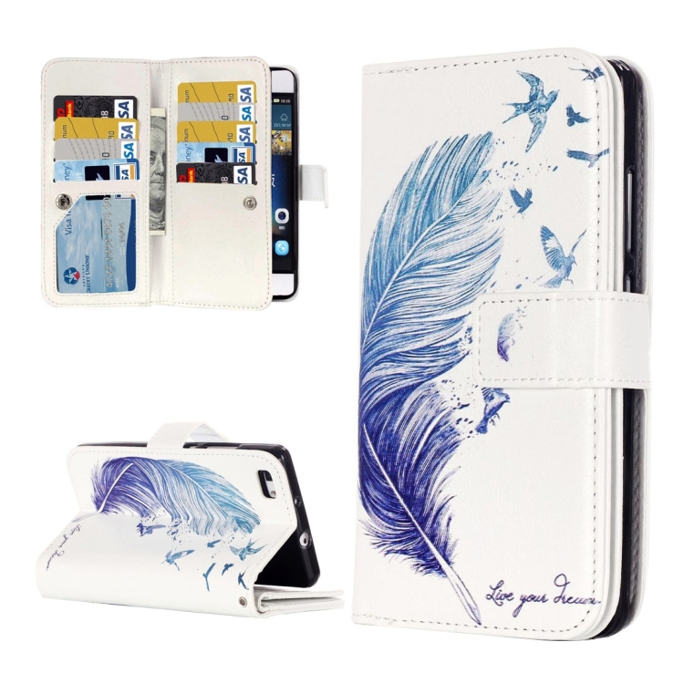 

For Huawei P8 Lite Blue Feather Pattern Horizontal Flip Leather Case with 9 Card Slots & Wallet & Holder