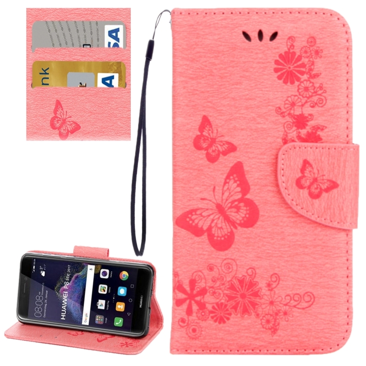 

For Huawei P8 Lite (2017) Butterflies Embossing Horizontal Flip Leather Case with Holder & Card Slots & Wallet & Lanyard (Pink)