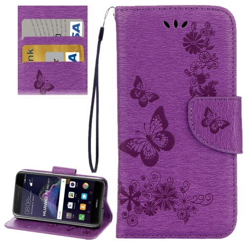 

For Huawei P8 Lite (2017) Butterflies Embossing Horizontal Flip Leather Case with Holder & Card Slots & Wallet & Lanyard (Purple)