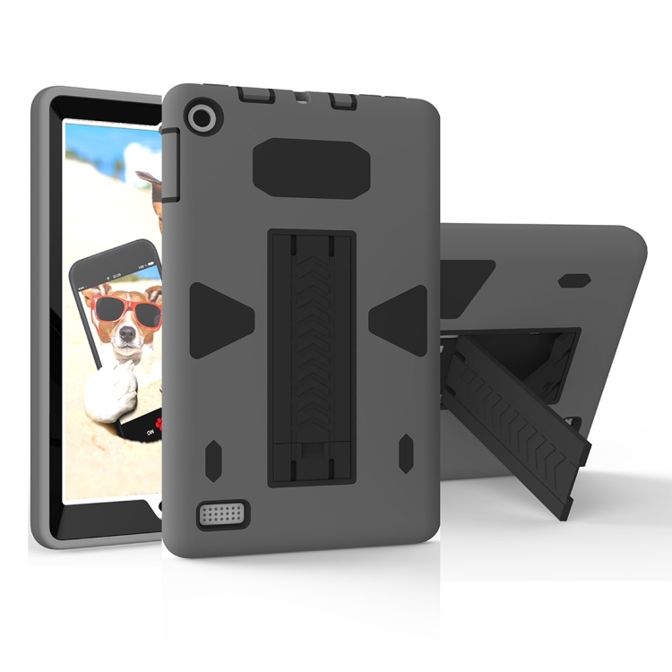

For Amazon Kindle Fire 7 (2017) PC+Silicone Shockproof Protective Back Cover Case With Holder (Black + Grey)