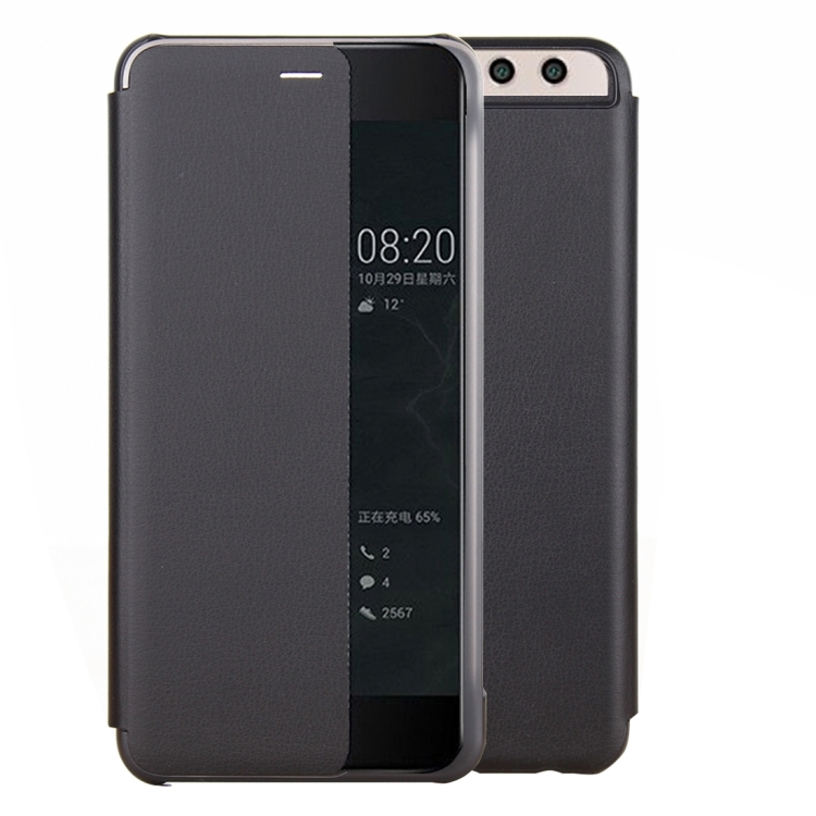 

For Huawei P10 Smart Leather Case Cover With Call Display ID PU+PC Protective Cases(Black)