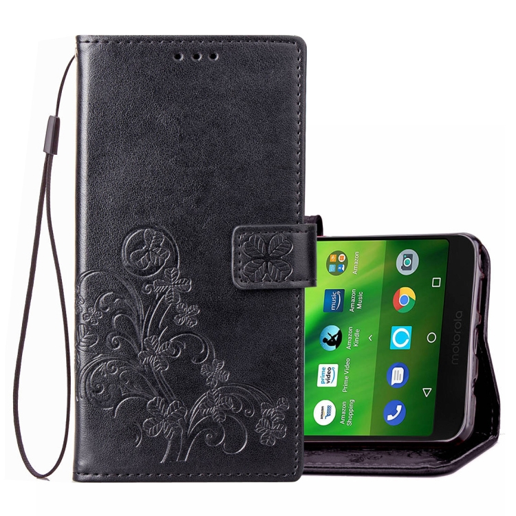 

Lucky Clover Pressed Flowers Pattern Leather Case for Motorola Moto G6 Play, with Holder & Card Slots & Wallet & Hand Strap (Black)