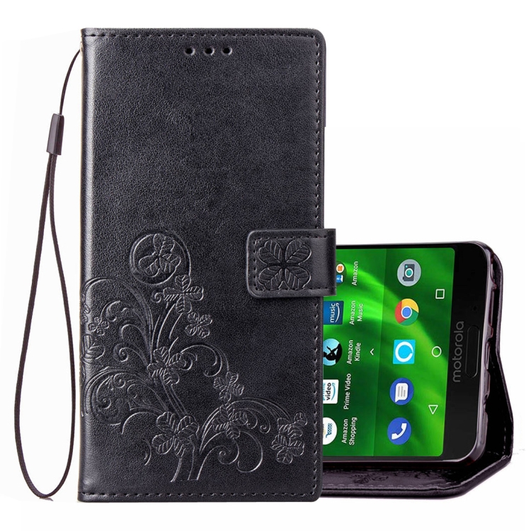 

Lucky Clover Pressed Flowers Pattern Leather Case for Motorola Moto G6 Plus, with Holder & Card Slots & Wallet & Hand Strap (Black)