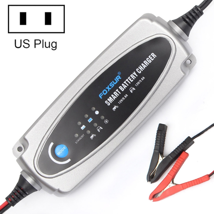 

FOXSUR 0.8A / 3.6A 12V 5 Stage Charging Battery Charger for Car Motorcycle, US Plug