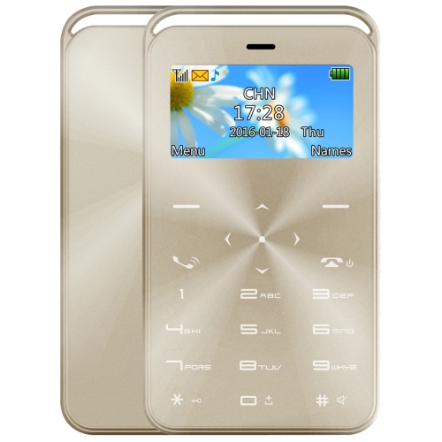 

DAXIAN GS6 Card Mobile Phone, Network: 2G, 7.9mm Ultra Thin Pocket Mini Slim Card Phone, 1.69 inch, QWERTY Keyboard, BT, FM, Alarm, MP3 Music, Calendar, Calculator(Gold)