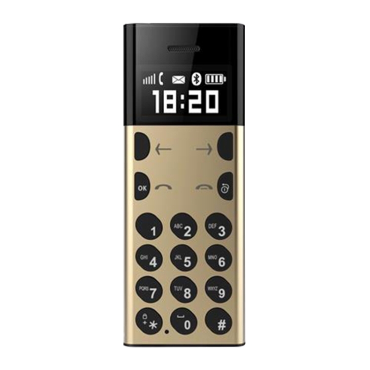 

AEKU A5 Card Mobile Phone, 0.96 inch, MTK6261D, Support Bluetooth, FM, Remote Position, Anti-lost, GSM(Gold)