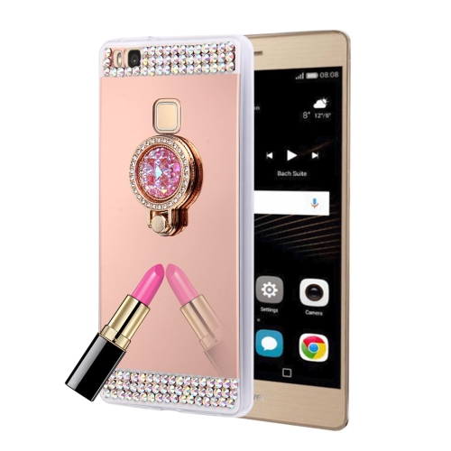 

For Huawei P9 Lite Diamond Encrusted Electroplating Mirror Protective Cover Case with Hidden Ring Holder (Rose Gold)