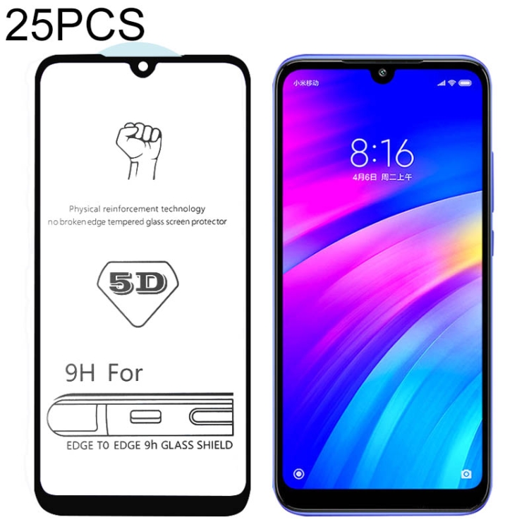 

25 PCS 9H 5D Full Glue Full Screen Tempered Glass Film for Xiaomi Redmi 7