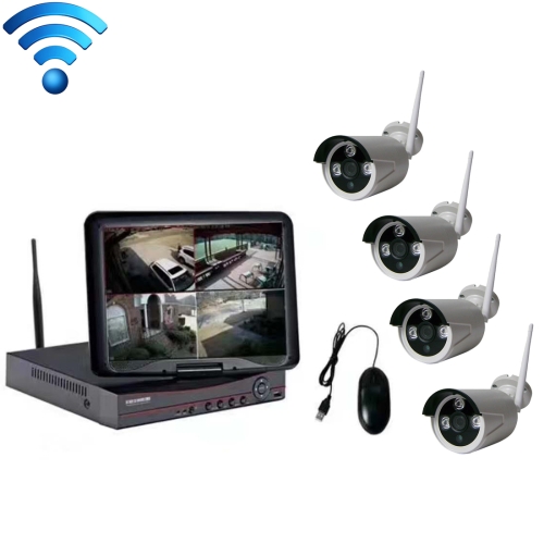 

K9104E-PE2013C 4CH HD 960P 1.3 Mega Pixel 2.4GHz WiFi IP Bullet Camera 10.1 inch LCD Screen NVR Kit