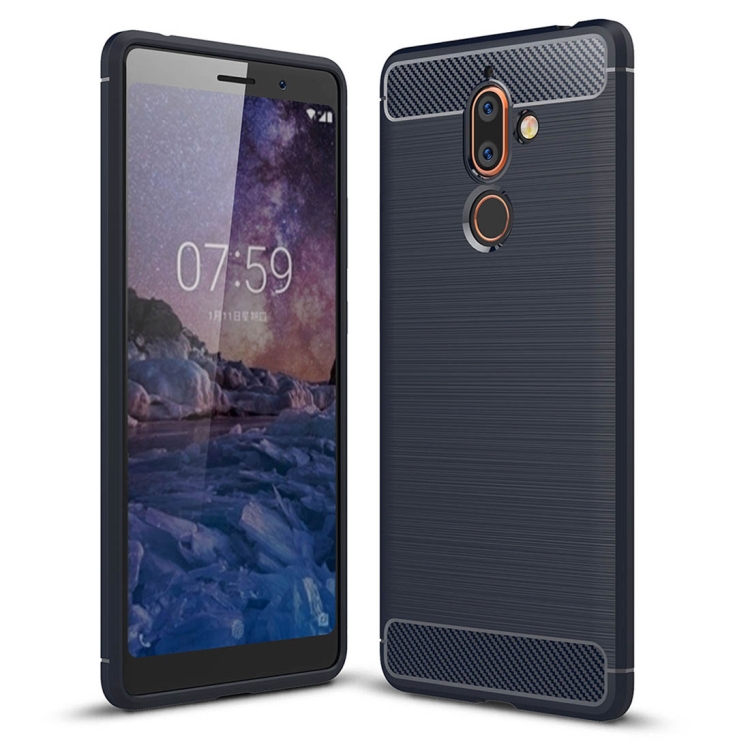 

For Nokia 7 Plus Brushed Texture Carbon Fiber Shockproof TPU Protective Back Case (Navy Blue)
