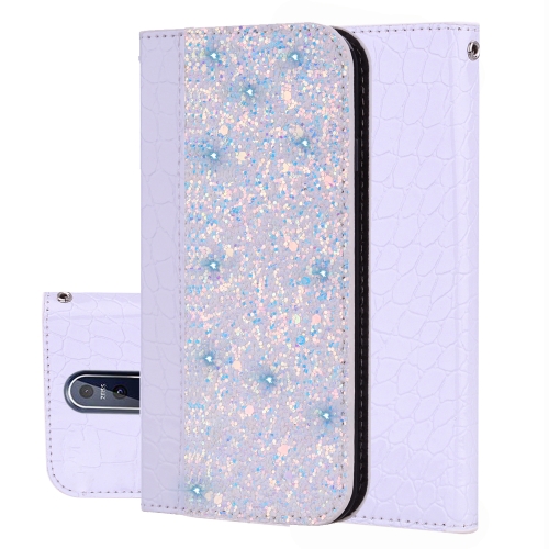 

Crocodile Texture Glitter Powder Horizontal Flip Leather Case for Nokia 7.1, with Card Slots & Holder (White)