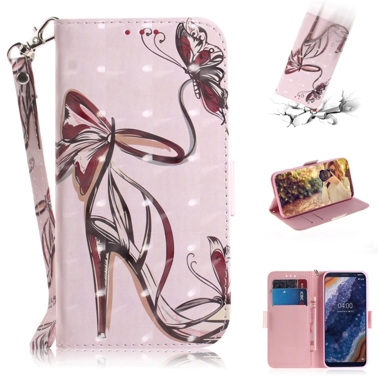 

3D Colored Drawing Butterfly High-heeled Shoes Pattern Horizontal Flip Leather Case for Nokia 9, with Holder & Card Slots & Wallet