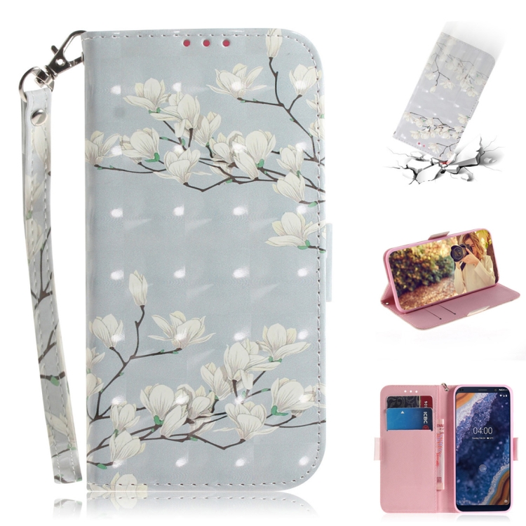 

3D Colored Drawing Magnolia Pattern Horizontal Flip Leather Case for Nokia 9, with Holder & Card Slots & Wallet