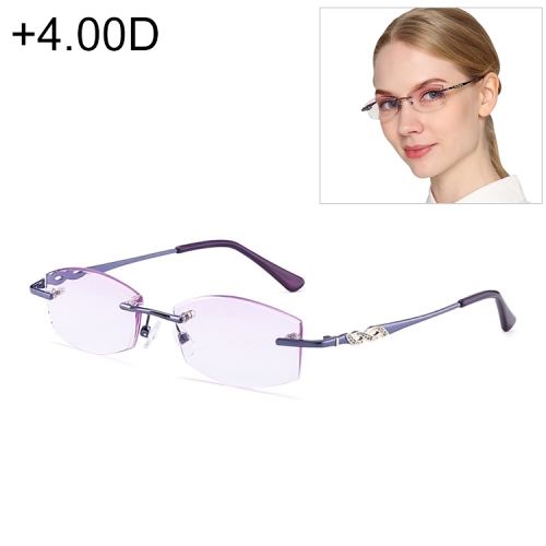 

Women Rimless Rhinestone Trimmed Purple Presbyopic Glasses, +4.00D