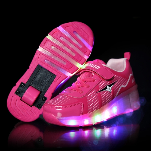 

J29 LED Light Single Wheel Roller Skating Shoes Sport Shoes, Size : 32 (Rose Red)