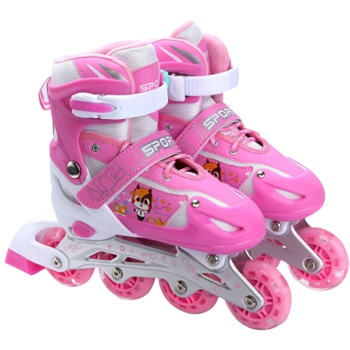 

2 PCS Adjustable Flash Children Single Four-wheel Roller Skates Skating Shoes, Size : S (Pink)