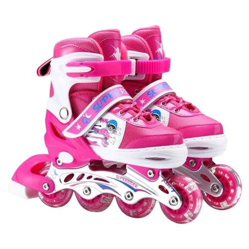 

Adjustable Single Flash Children Single Row Four-wheel Roller Skates Skating Shoes, Size : S(Pink)