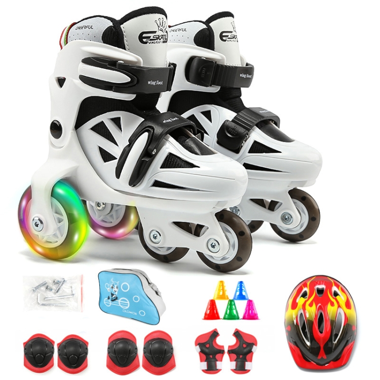 

Adjustable Children Flash Four-wheel Roller Skates Skating Shoes with Protective Clothing + Bag, Size : S (Black White)