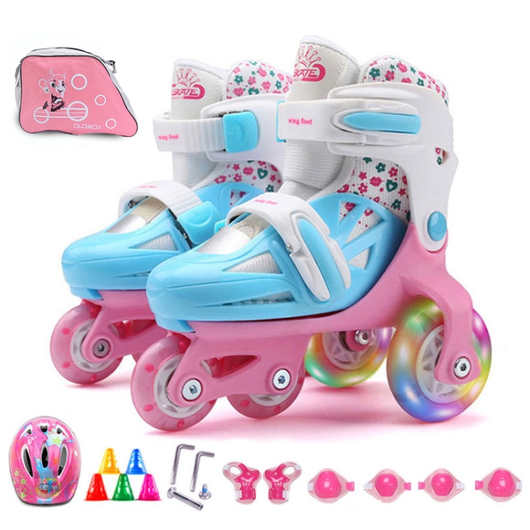 

Adjustable Children Flash Four-wheel Roller Skates Skating Shoes with Protective Clothing + Bag, Size : XS (Pink)