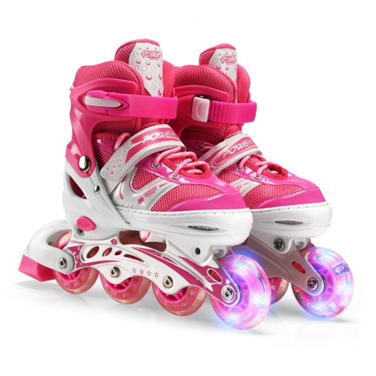 

Adjustable Children Single Flash Single Four-wheel Roller Skates Skating Shoes, Size : L (Pink)