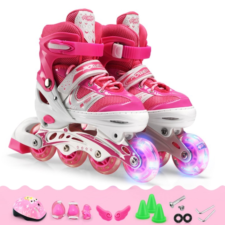 

Adjustable Children Single Flash Single Four-wheel Roller Skates Skating Shoes Set, Size : L (Pink)