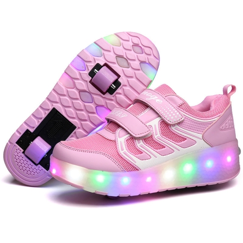

WS01 LED Light Ultra Light Mesh Surface Rechargeable Double Wheel Roller Skating Shoes Sport Shoes, Size : 29(Pink)