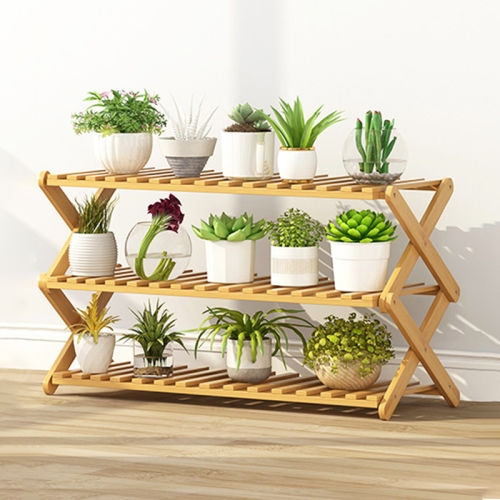 

3-Layer Balcony Living Room Collapsible Solid Wood Flower Stand Potted Planting Shelves, Length: 80cm