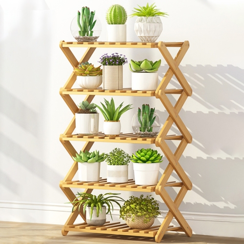 

5-Layer Balcony Living Room Collapsible Solid Wood Flower Stand Potted Planting Shelves, Length: 50cm