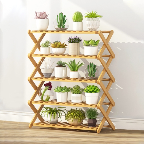 

5-Layer Balcony Living Room Collapsible Solid Wood Flower Stand Potted Planting Shelves, Length: 70cm