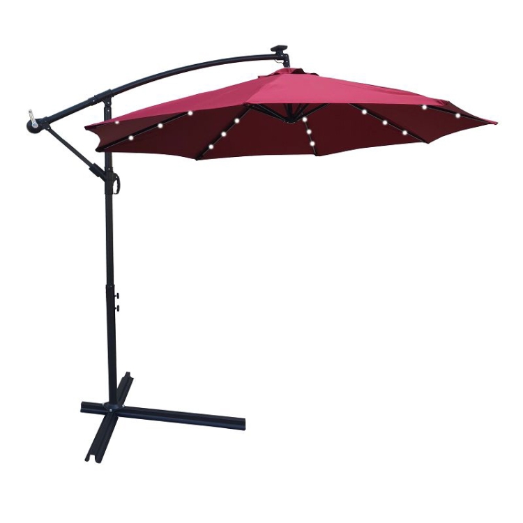 

[US Warehouse] Outdoor Patio Umbrella with Solar Powered LED Lighted illumination & Crank & Cross Base, Size: 10Ft (Red Wine)