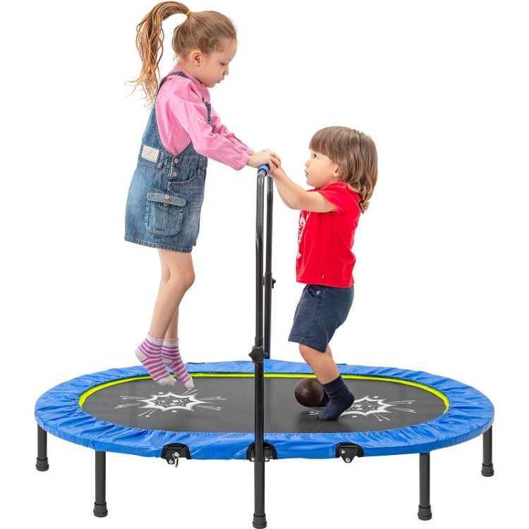 

[US Warehouse] Parent-Child Twin Trampoline with Adjustable Handrail & Safety Cover, Size: 55x36x39.4-47.2 inch (Blue)