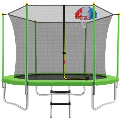 

[US Warehouse] Outdoor Recreational Trampoline with Safety Enclosure Net & Basketball Hoop & Ladder, Size: 10FT (Green)