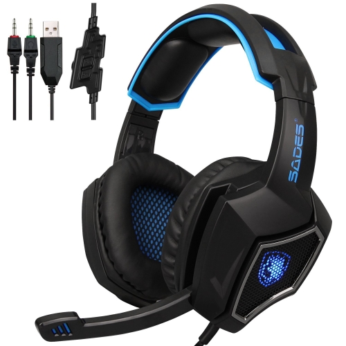 

SADES WOLF SPIRIT 3.5 USB Wired Adjustable Gaming Headphone with Breathing Light & Hidden Microphone & 1 to 2 3.5mm Audio Cable, Length: 2m (Black Blue)