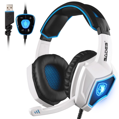 

SADES WOLF SPIRIT 7.1 USB 7.1 Channel Wired Adjustable Gaming Headphone with Breathing Light & Hidden Microphone, Length: 2m(White Blue)