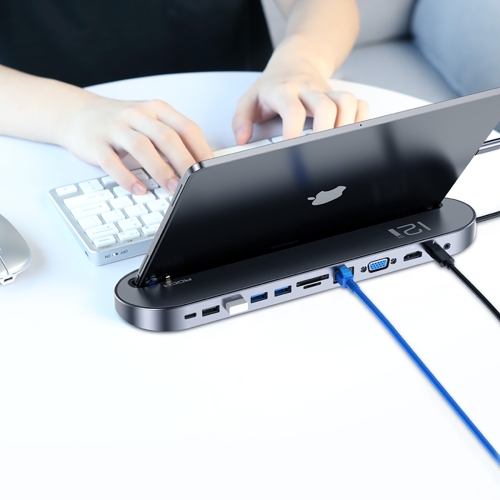 

ROCK RCB0724 12 in 1 3 USB-C / Type-C + 2 USB 2.0 + 2 USB 3.0 + RJ45 Gigabit Ethernet Port + VGA + HDMI Multi-Function HUB Laptop Stand Base with SD / TF Card Slot & 3.5mm Jack