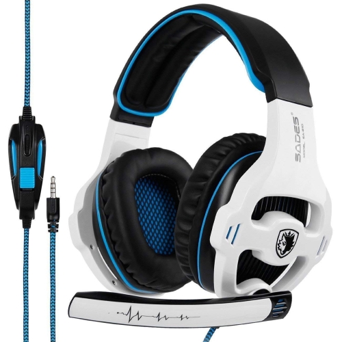 

SADES SA-810 3.5mm Gaming Headset Wired Headphone with Wire Control + Mic for PC, Laptop(White Blue)