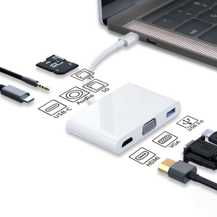 

Basix PP7R 7 in 1 USB-C / Type-C to PD + USB3.0 + HDMI + VGA + 3.5 Audio + SD/TF Converter